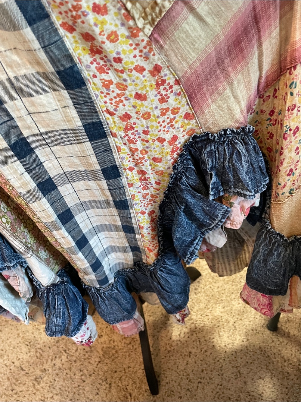 Smocked Denim Bohemian Patchwork Midi Dress in Blue Young Threads - Picture 7 of 17
